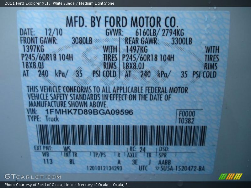 2011 Explorer XLT White Suede Color Code WS