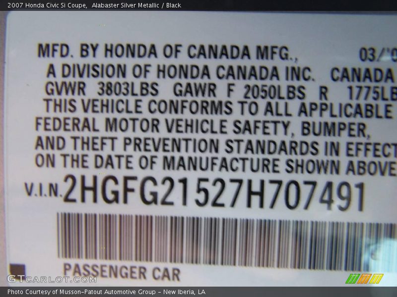 Alabaster Silver Metallic / Black 2007 Honda Civic Si Coupe