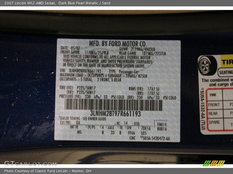 Dark Blue Pearl Metallic / Sand 2007 Lincoln MKZ AWD Sedan