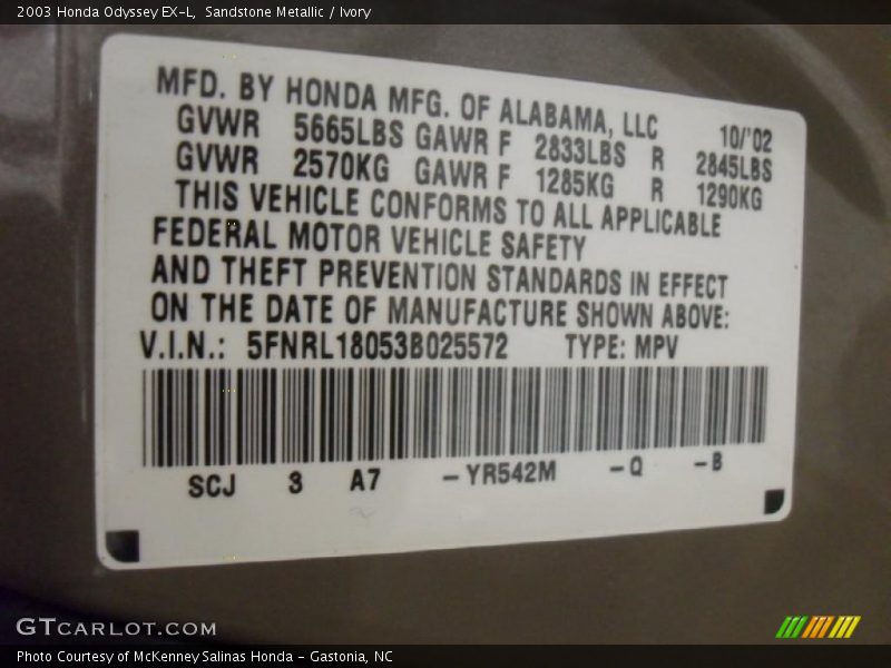 Sandstone Metallic / Ivory 2003 Honda Odyssey EX-L