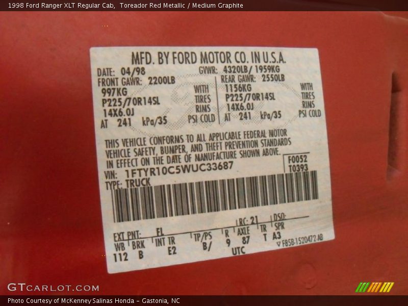 1998 Ranger XLT Regular Cab Toreador Red Metallic Color Code FL
