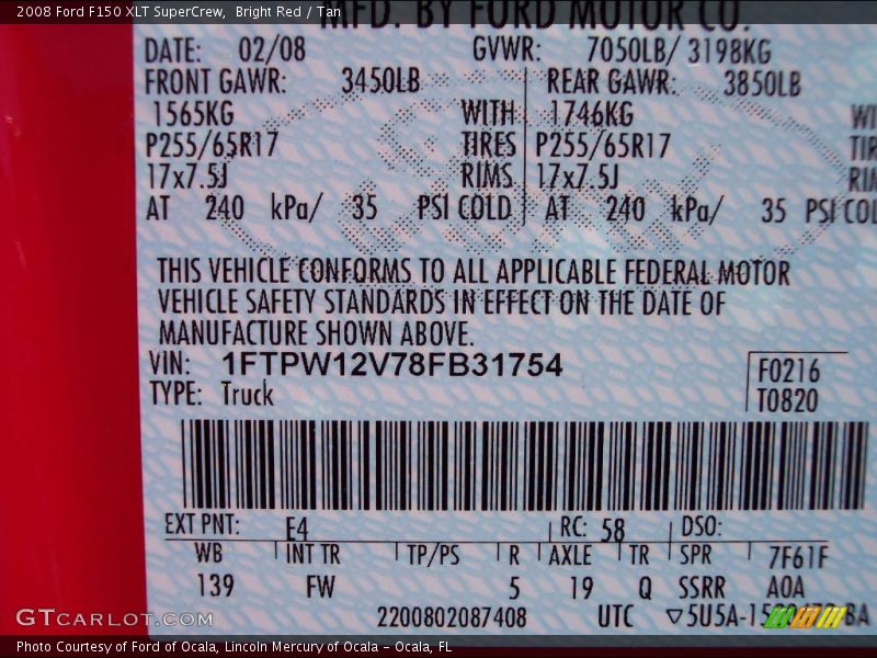 Bright Red / Tan 2008 Ford F150 XLT SuperCrew