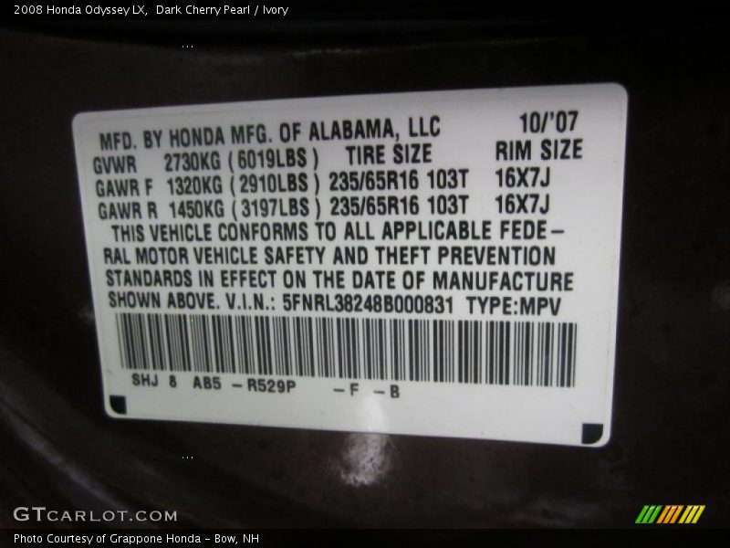 Dark Cherry Pearl / Ivory 2008 Honda Odyssey LX