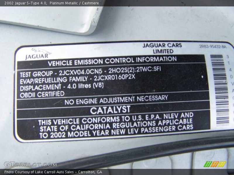 Info Tag of 2002 S-Type 4.0