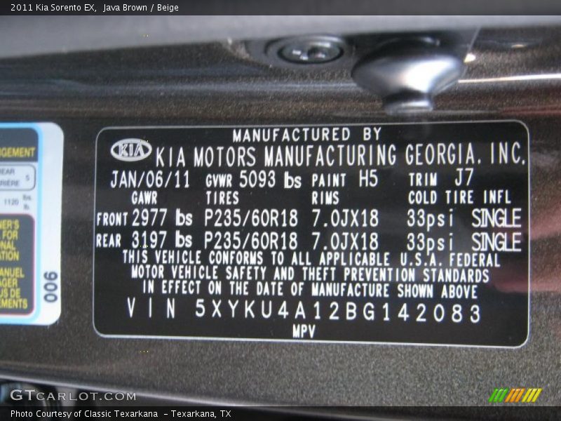 2011 Sorento EX Java Brown Color Code H5