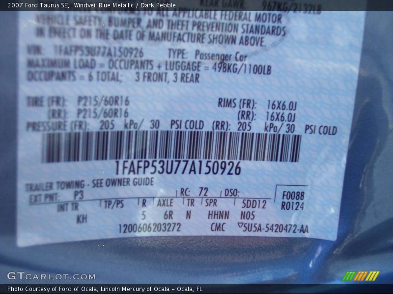 Windveil Blue Metallic / Dark Pebble 2007 Ford Taurus SE