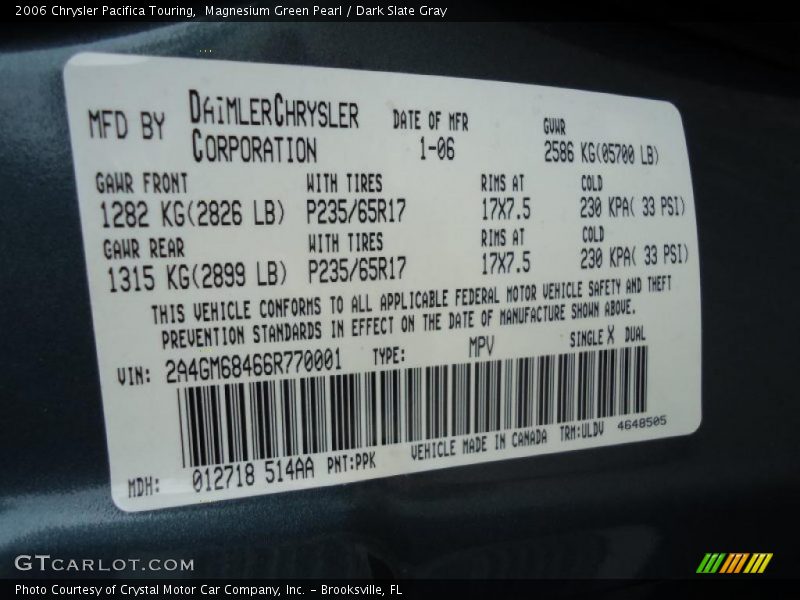 Magnesium Green Pearl / Dark Slate Gray 2006 Chrysler Pacifica Touring