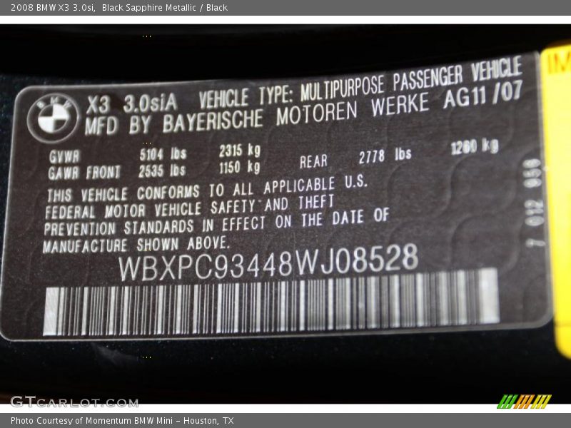 Black Sapphire Metallic / Black 2008 BMW X3 3.0si