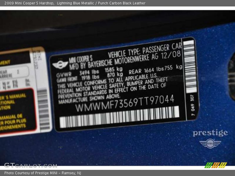 Lightning Blue Metallic / Punch Carbon Black Leather 2009 Mini Cooper S Hardtop