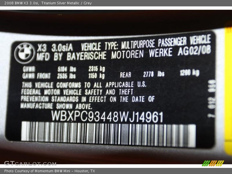 Titanium Silver Metallic / Grey 2008 BMW X3 3.0si