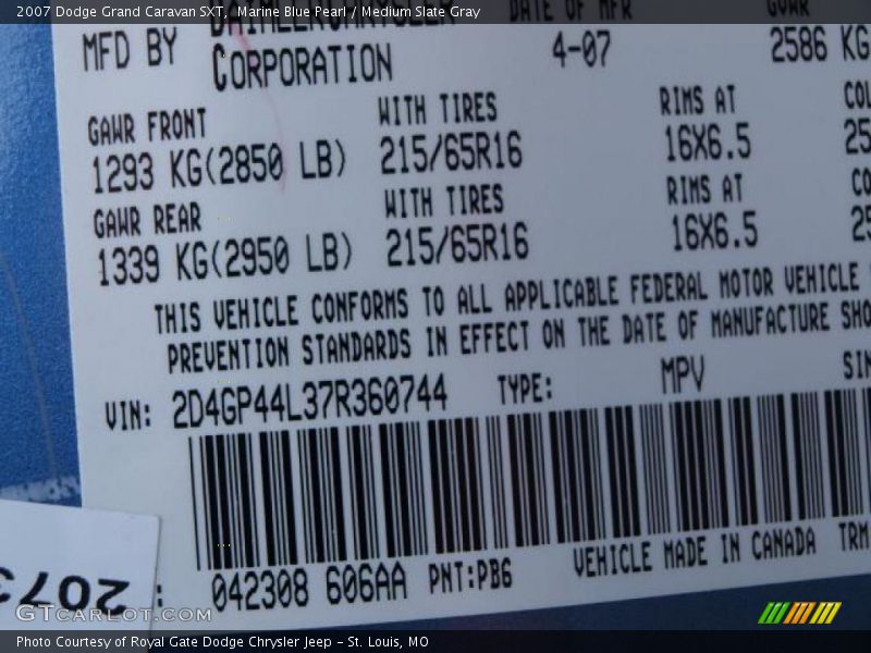 2007 Grand Caravan SXT Marine Blue Pearl Color Code PB6