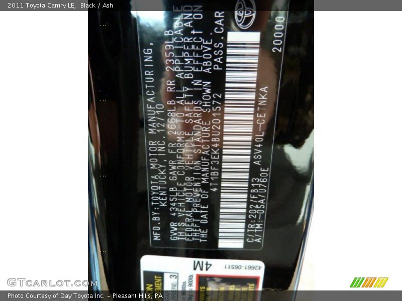 Black / Ash 2011 Toyota Camry LE