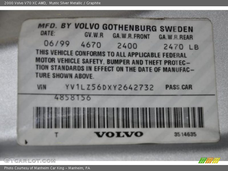 Mystic Silver Metallic / Graphite 2000 Volvo V70 XC AWD