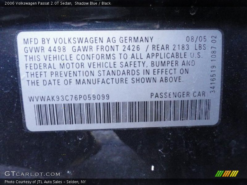 Shadow Blue / Black 2006 Volkswagen Passat 2.0T Sedan
