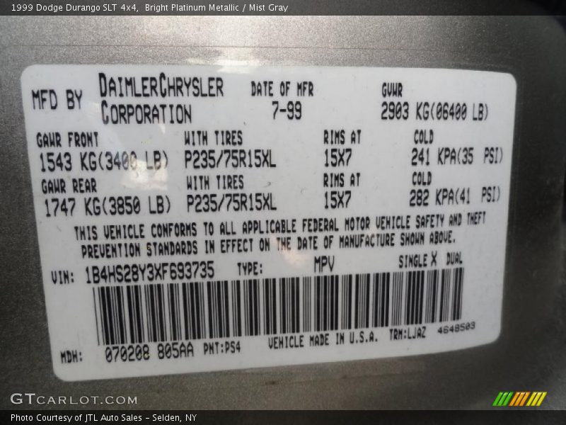 Bright Platinum Metallic / Mist Gray 1999 Dodge Durango SLT 4x4