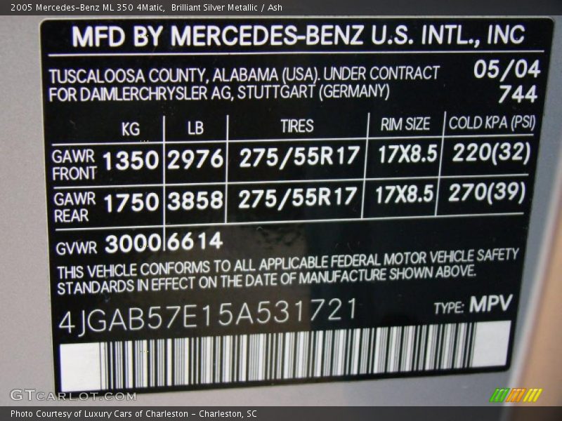 Brilliant Silver Metallic / Ash 2005 Mercedes-Benz ML 350 4Matic
