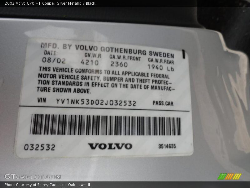 Info Tag of 2002 C70 HT Coupe