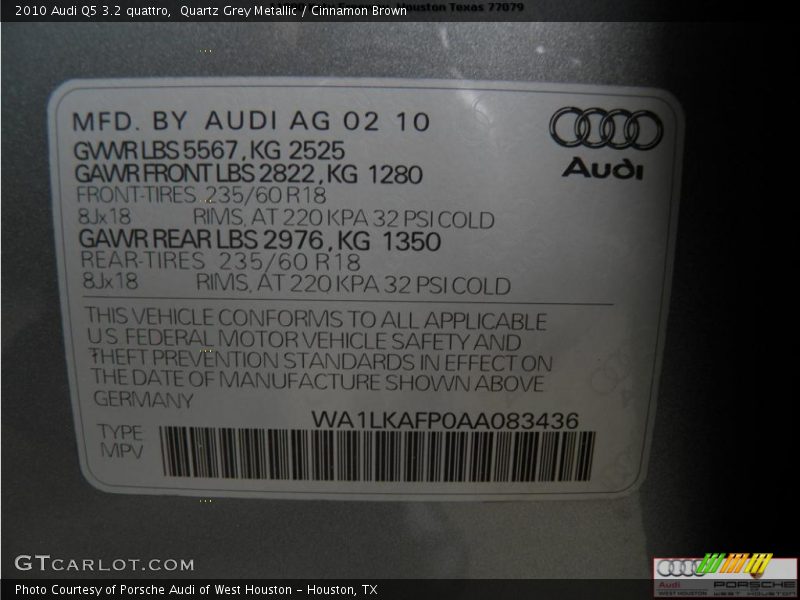 Quartz Grey Metallic / Cinnamon Brown 2010 Audi Q5 3.2 quattro