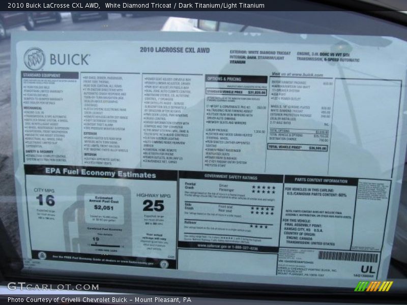  2010 LaCrosse CXL AWD Window Sticker