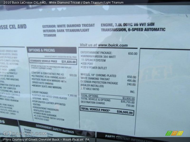  2010 LaCrosse CXL AWD Window Sticker