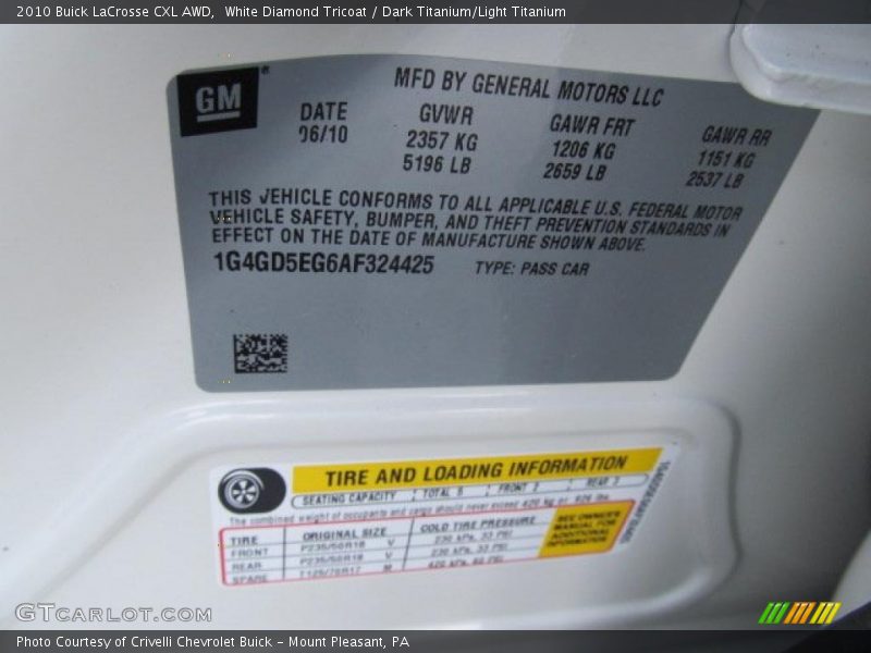 Info Tag of 2010 LaCrosse CXL AWD