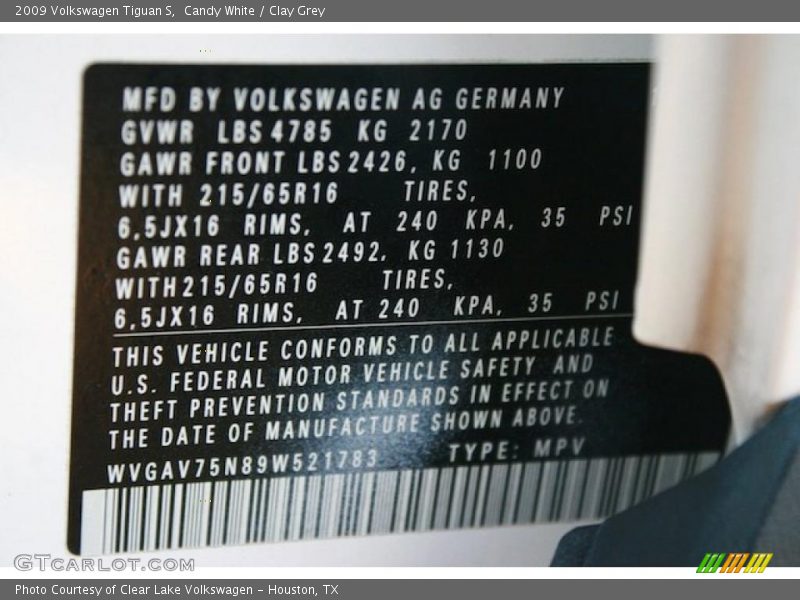Candy White / Clay Grey 2009 Volkswagen Tiguan S