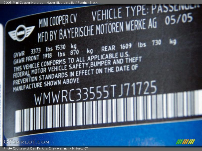 Hyper Blue Metallic / Panther Black 2005 Mini Cooper Hardtop