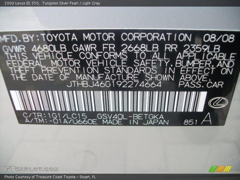 2009 ES 350 Tungsten Silver Pearl Color Code 1G1
