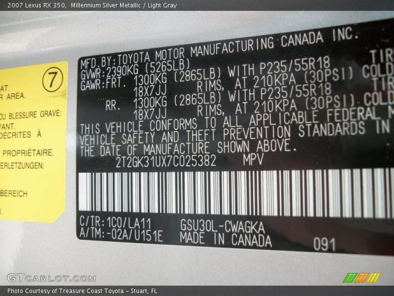 Millennium Silver Metallic / Light Gray 2007 Lexus RX 350