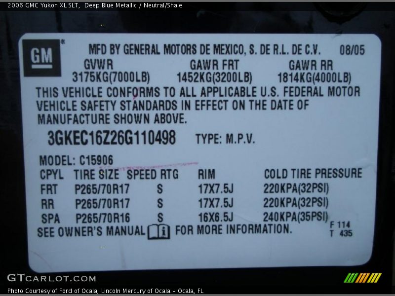 Info Tag of 2006 Yukon XL SLT