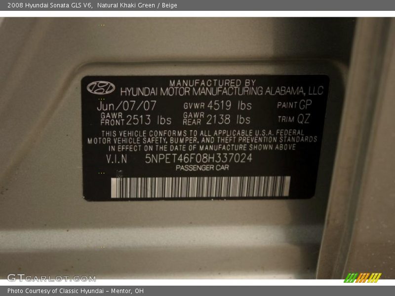 Natural Khaki Green / Beige 2008 Hyundai Sonata GLS V6