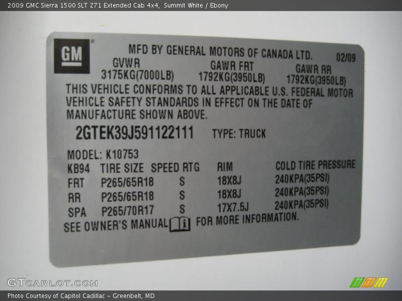 Info Tag of 2009 Sierra 1500 SLT Z71 Extended Cab 4x4