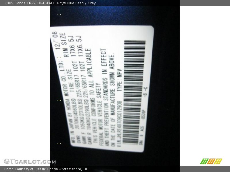 Royal Blue Pearl / Gray 2009 Honda CR-V EX-L 4WD