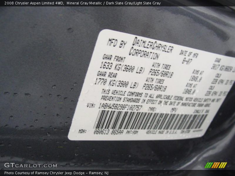 Mineral Gray Metallic / Dark Slate Gray/Light Slate Gray 2008 Chrysler Aspen Limited 4WD