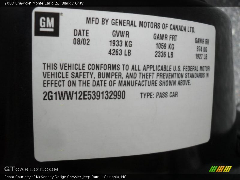 Black / Gray 2003 Chevrolet Monte Carlo LS