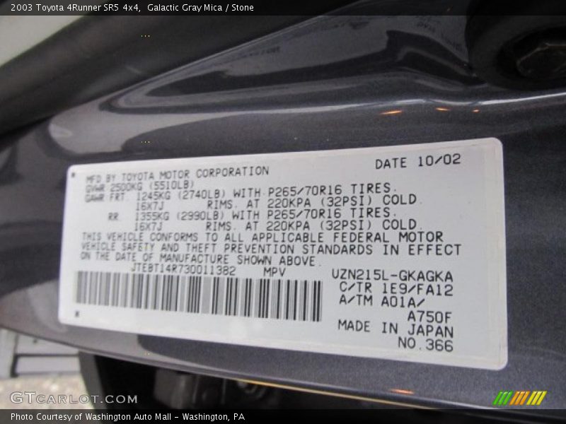 2003 4Runner SR5 4x4 Galactic Gray Mica Color Code 1E9