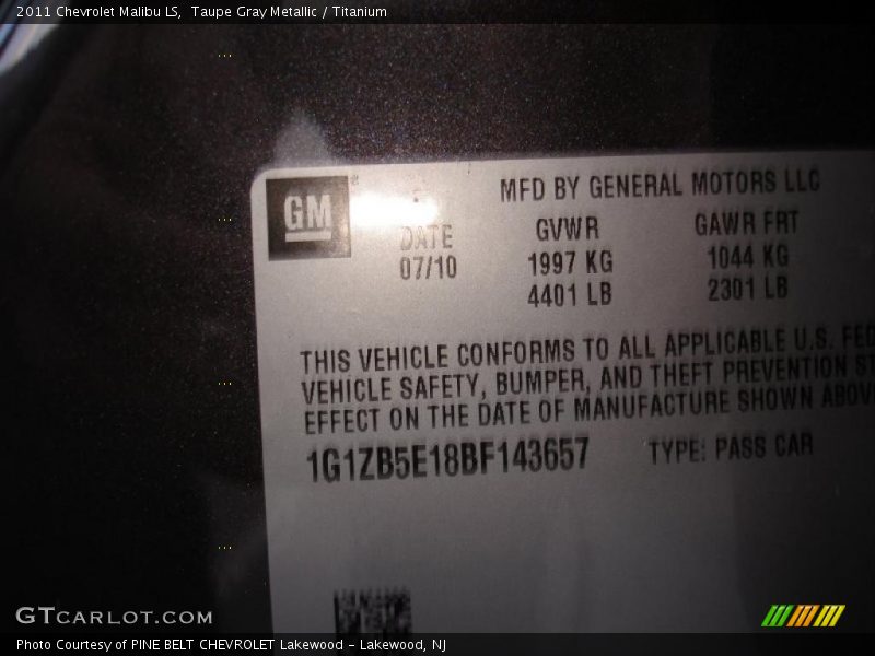 Taupe Gray Metallic / Titanium 2011 Chevrolet Malibu LS