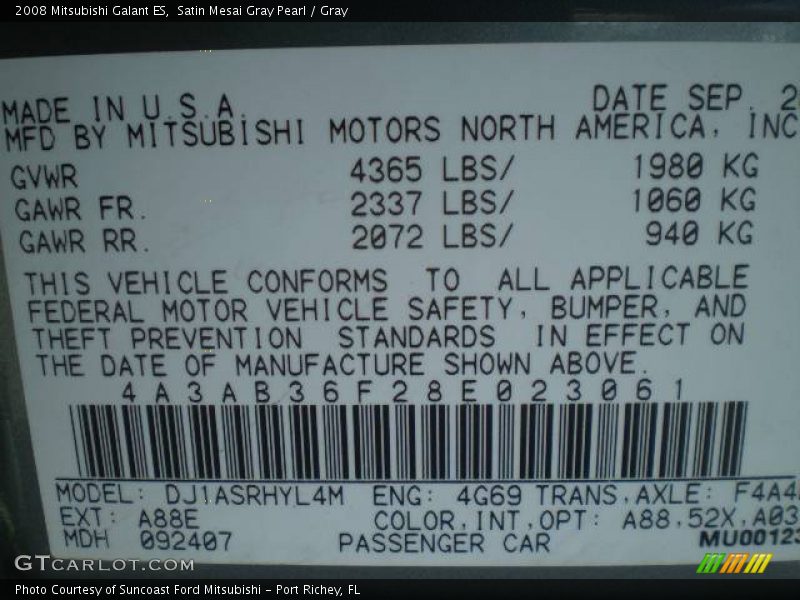 Satin Mesai Gray Pearl / Gray 2008 Mitsubishi Galant ES