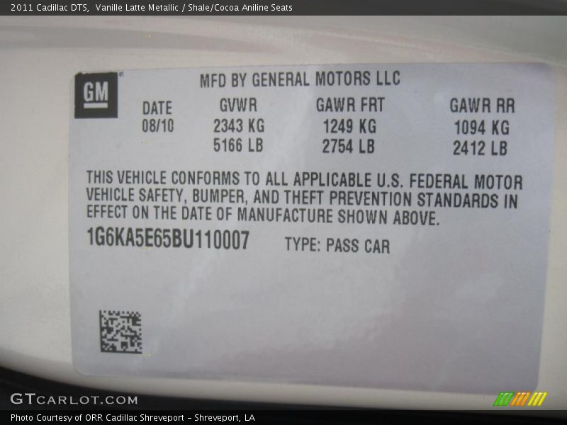 Vanille Latte Metallic / Shale/Cocoa Aniline Seats 2011 Cadillac DTS