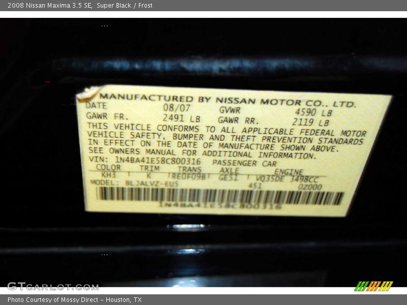 Super Black / Frost 2008 Nissan Maxima 3.5 SE