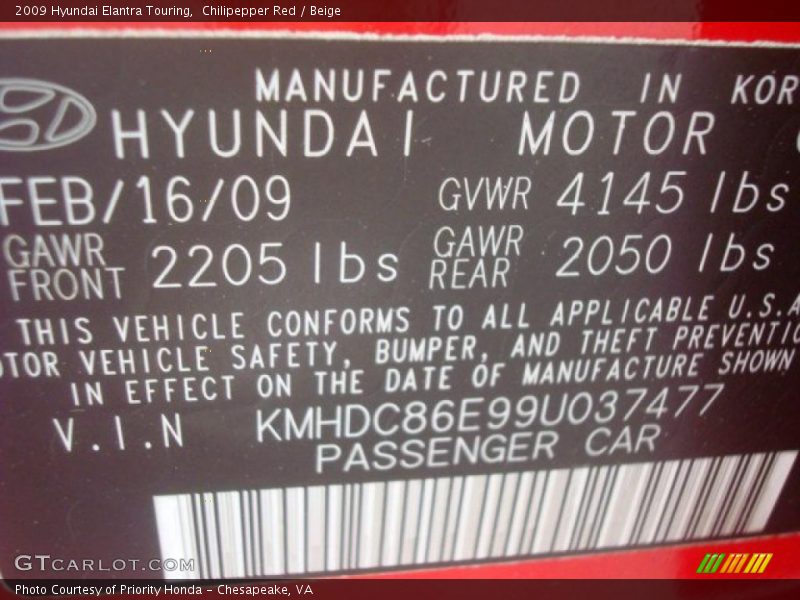 Info Tag of 2009 Elantra Touring