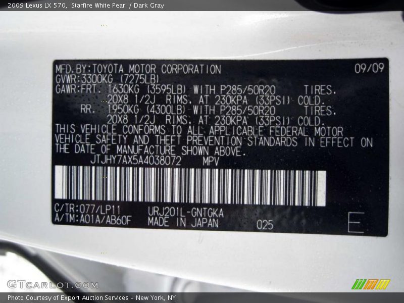 2009 LX 570 Starfire White Pearl Color Code 077