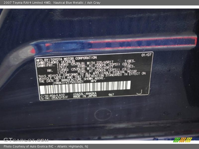 Nautical Blue Metallic / Ash Gray 2007 Toyota RAV4 Limited 4WD