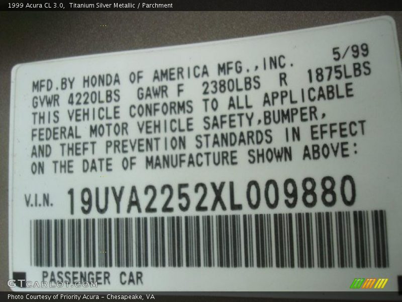 Titanium Silver Metallic / Parchment 1999 Acura CL 3.0