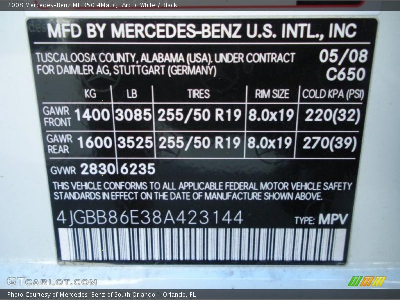 Arctic White / Black 2008 Mercedes-Benz ML 350 4Matic