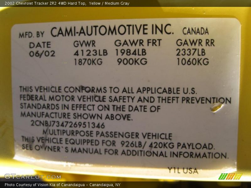 Info Tag of 2002 Tracker ZR2 4WD Hard Top