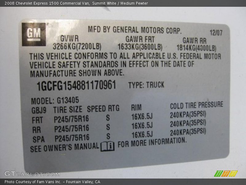 Info Tag of 2008 Express 1500 Commercial Van