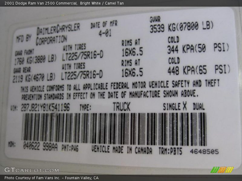 2001 Ram Van 2500 Commercial Bright White Color Code PW6