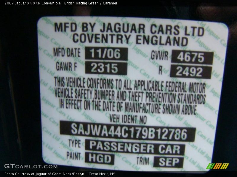 2007 XK XKR Convertible British Racing Green Color Code HGD