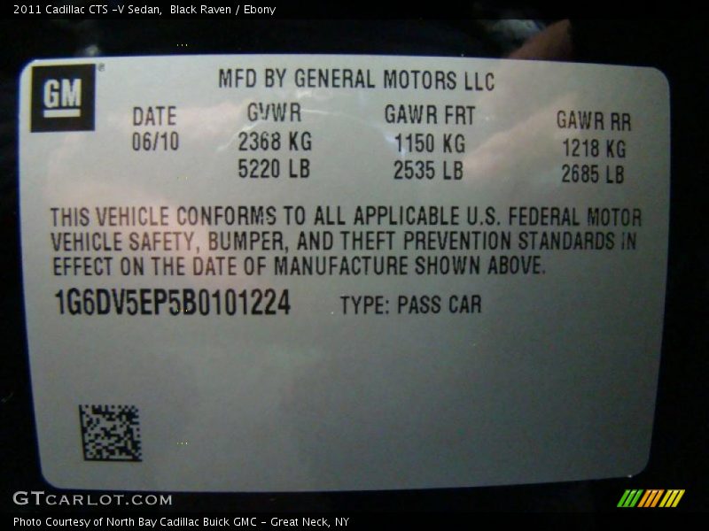 Info Tag of 2011 CTS -V Sedan